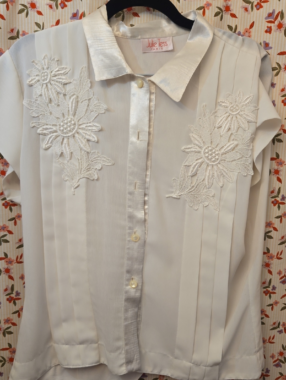 Julie Tess Paris Ivory Embroidered Blouse Pleated Front Button Up Women’s S